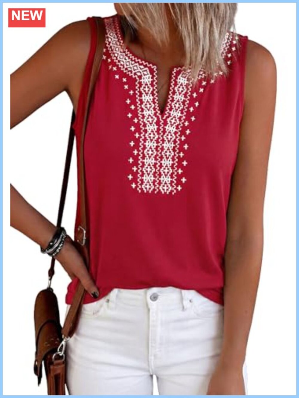 Womens Embroidered Sleeveless Tank Top V-Neck Loose Fit Summer Casual Blouse